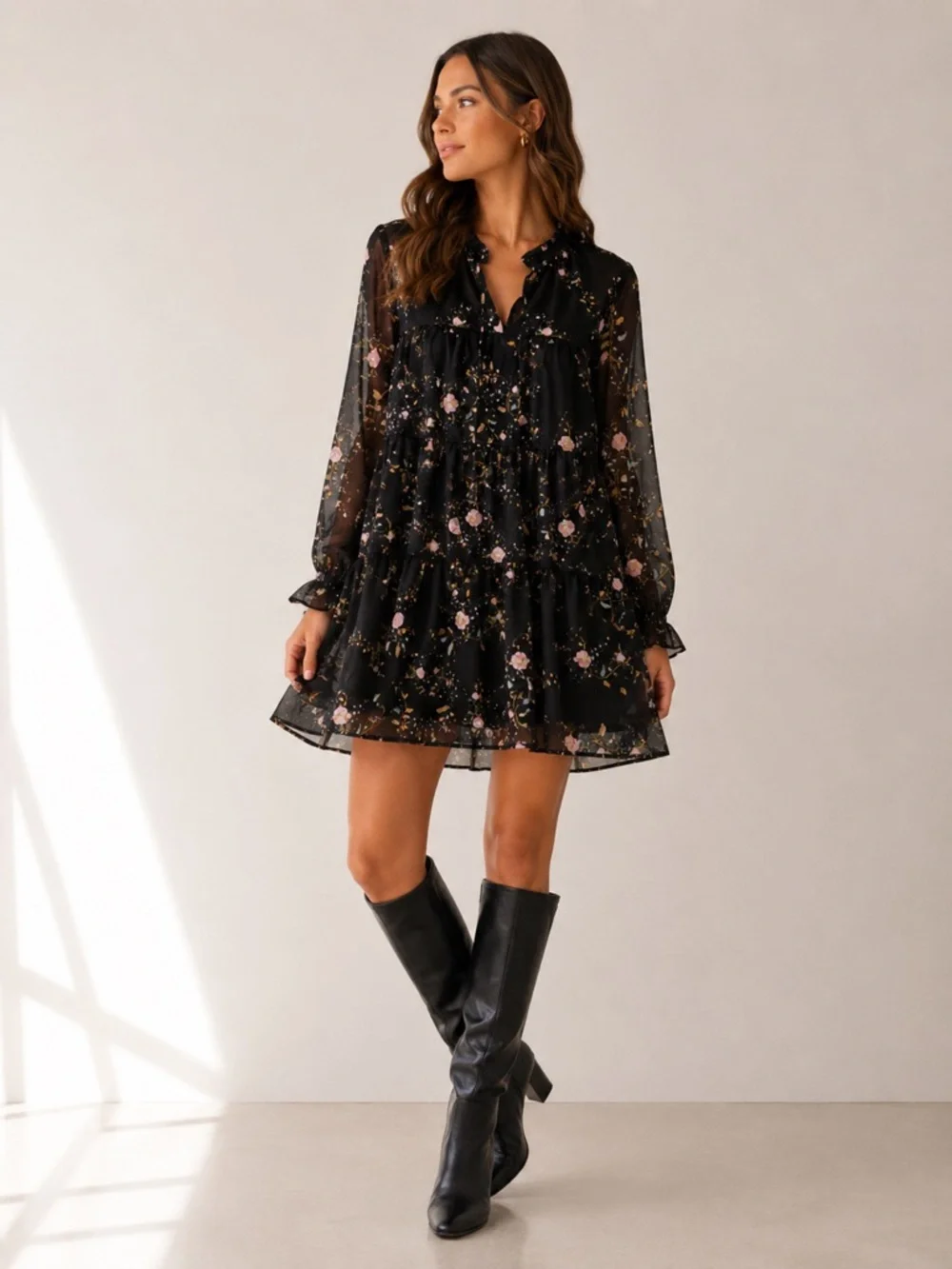 AllSaints Mandy Oto Mini Dress US 6 Black Floral Tiered Ruffle Neck Boho